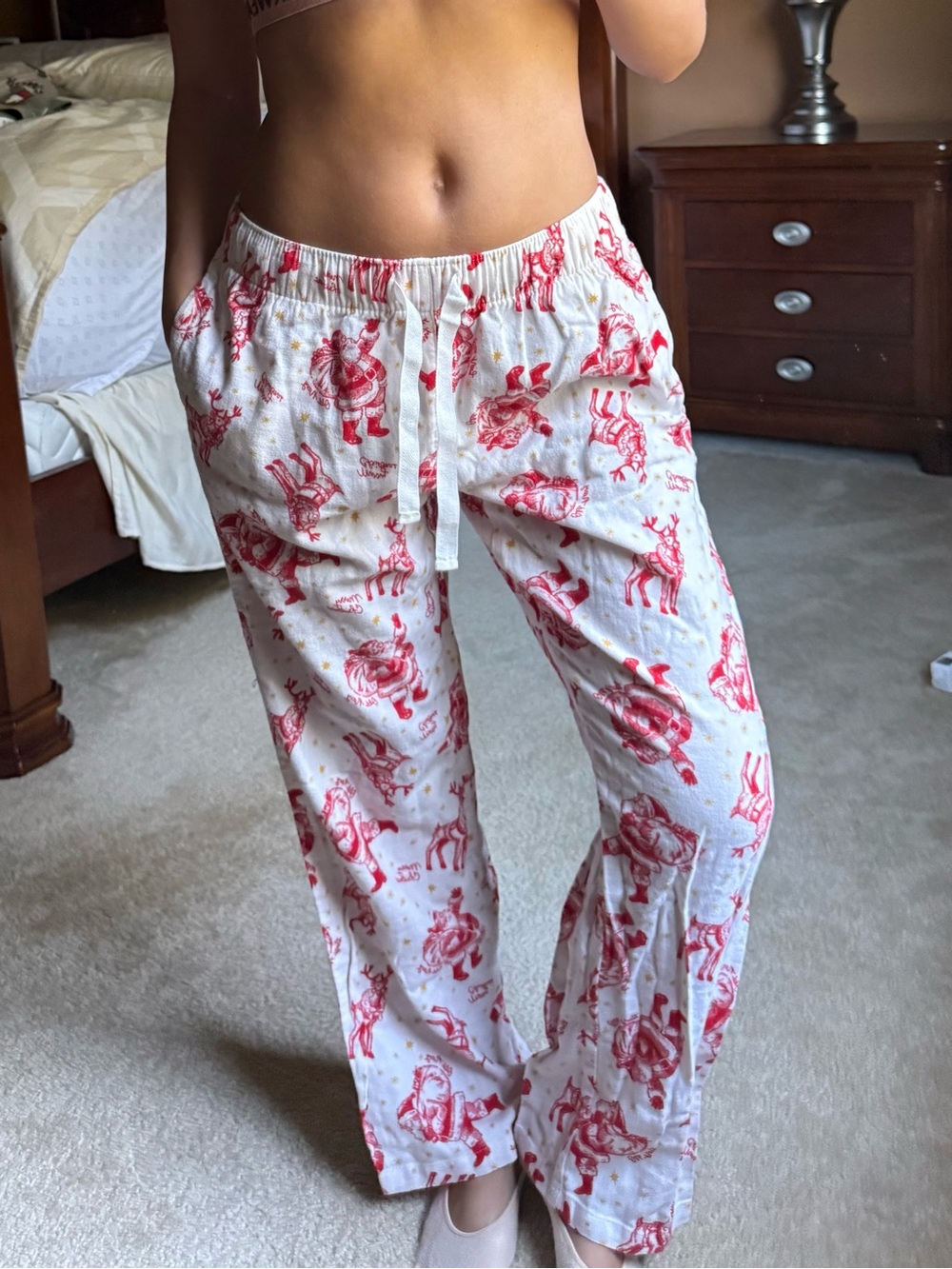 Old Navy White Pajama Pants with Red Holiday Print